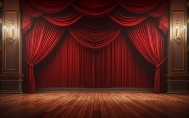 Elegant Red Theater Curtains with Wooden Stage Floor