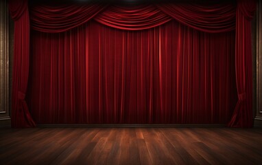 Elegant Red Theater Curtains with Wooden Stage Floor