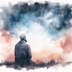 Muslim Contemplating Stars Romantic White Space Strong Size Contrast Watercolor Painting