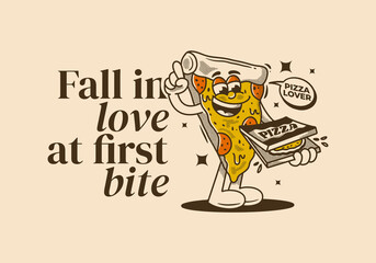Fall in love at first bite. Character of pizza holding a box pizza