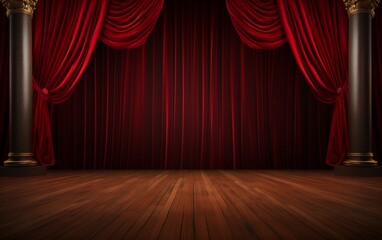 Elegant Red Theater Curtains with Wooden Stage Floor