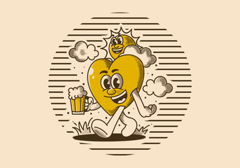 Your happiness depends on your actions. Character of sun and heart holding a beer