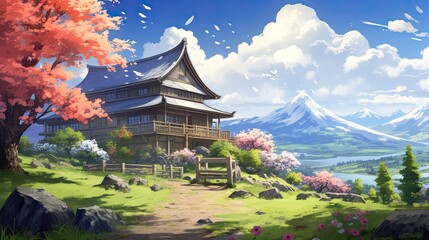 Obraz premium an anime house with trees and flowers in front, in the style of realistic landscapes with soft tonal colors. Generative AI
