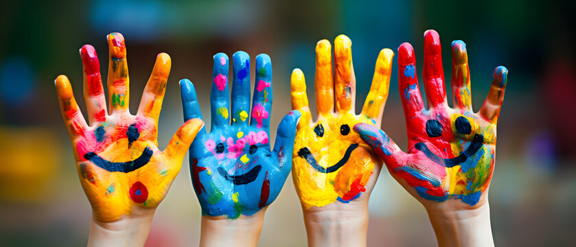 Kid's hands painted with colorful