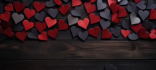 A bunch of red and black hearts on a wooden surface