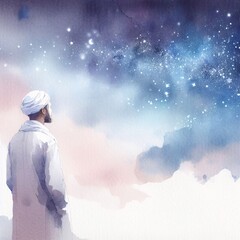 Fototapeta na wymiar Muslim Contemplating Stars Romantic White Space Strong Size Contrast Watercolor Painting