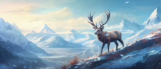 Deer stag in mountain peaks Winter landscape