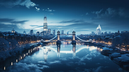 Panoramic view of a winter London city skyline at dusk, with the city lights reflecting off the icy surfaces and creating a magical