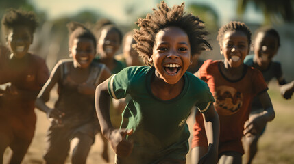 african children playing soccer happy, happy african children - obrazy, fototapety, plakaty