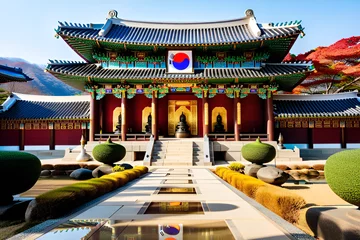 Foto auf Acrylglas Peking Stepping into a Korean temple feels like entering a portal to history, where the air is filled with the tranquil ambiance of Buddhism. Generative AI