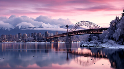 Panoramic view of a winter Toronto city skyline, city lights reflecting off the icy surfaces and creating a magical, urban winter wonderland