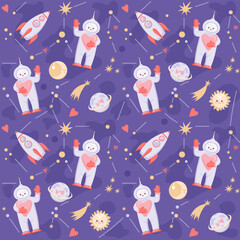 Cute seamless pattern with astronauts, planets, hearts and rockets. Valentine's Day print, suitable for children. Hand drawn vector illustration.
