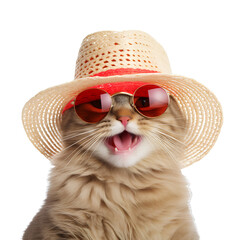 Cute cat wearing glasses and straw hat for summer travel on background PNG - obrazy, fototapety, plakaty