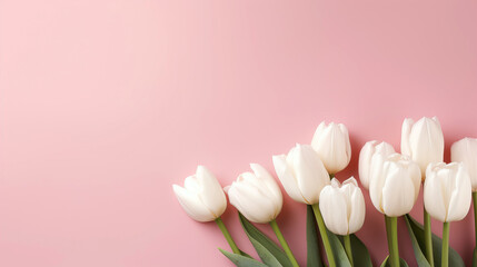 White tulips on the pink background. Valentines background.