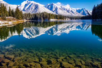 A scenic view of snow peaks reflecting into Johnson Lake, Banff, Alberta. - Powered by Adobe