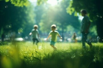happy children playing in the park in springtime or summertime. Generative AI