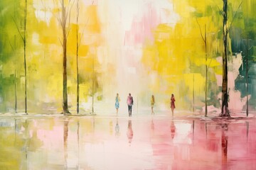 blurred people walking in the park in springtime or summer. Generative AI