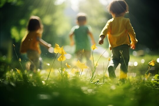 happy children playing in the park in springtime or summertime. Generative AI