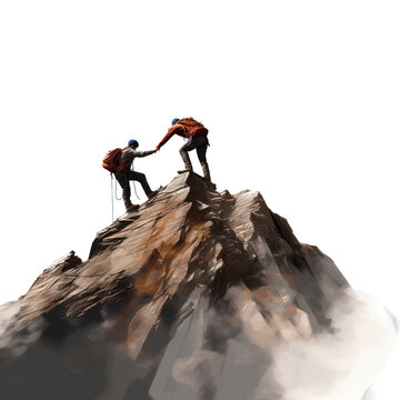 Teamwork concept of men helping friends to climb the mountain for success on PNG transparent background.