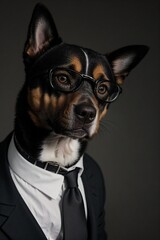 a dog wearing a suit and glasses with a tie and wearing a black jacket