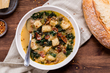 Creamy Zuppa Toscana soup with cauliflower gnocchi, ready for eating.