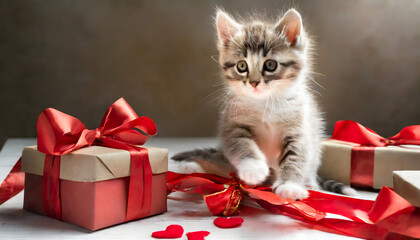 cute kitten with red ribbons and presents around it
