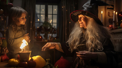 Happy Epiphany. Witch Befana at home with fireplace in Christmas time.
