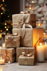 Gift boxes on a white countertop the background is a cozy room and theme is christmas and earthy minimalist colours from eye level perspective