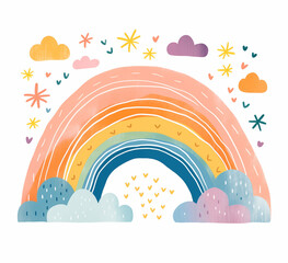 Watercolor illustration of rainbow and clouds, hand drawn doodle style