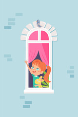 Children look from house windows in the morning greeting neighbors. Girl stay at home. Cartoon neighborhood vector illustration . COVID-19 pandemic concept design