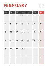 Monthly page Calendar Planner Templates of February 2024. Vector layout of simple calendar with week start Monday for print. Page for size A4 or 21x29.7 cm