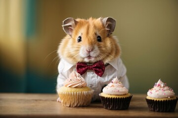cute hamster wearing a bow tie and sitting next to a sweet cupcake.