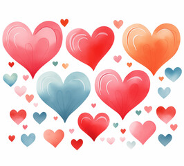 Watercolor set of colorful hearts, valentine romantic elements