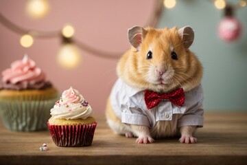 cute hamster wearing a bow tie and sitting next to a sweet cupcake.