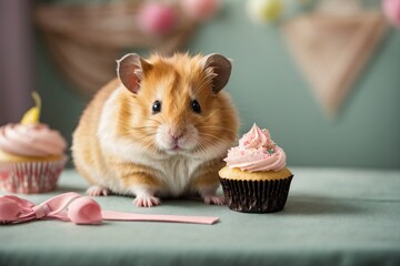 Naklejka na ściany i meble cute hamster wearing a bow tie and sitting next to a sweet cupcake.