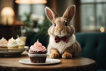 Obraz premium cute rabbit wearing a bow tie and sitting next to a sweet cupcake.