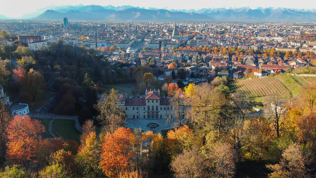 Aerial view of Turin from Villa della Regina, Piedmont, Italy