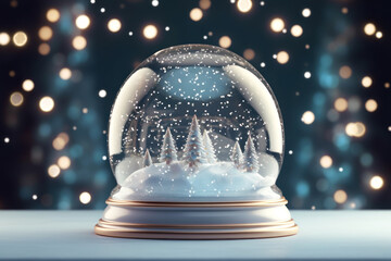 A glass ball with snow-covered blue and golden Christmas trees and falling snowflakes inside