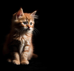 Close-up of cute red fluffy kitten on a black background with copy space