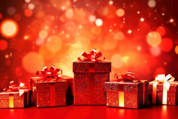 Christmas holiday background with Christmas a lots of gift boxes in red wrapping paper