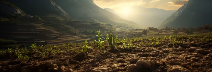 Seedling, tree, barley sprouting from the ground in the sunrise. Panorama background for business, Symbolizing Hope and New Growth. Digital art for poster, flyer, banner background or design element. - obrazy, fototapety, plakaty