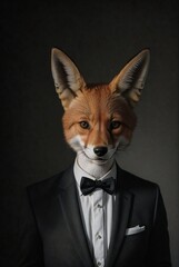 a fox wearing glasses and a suit with a tie, with a black background