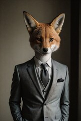 a fox in a suit and tie is standing in a room with a wall and a door behind it