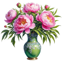 Watercolor illustration pink peony flowers with green vivid leafs arrange in vase.Creative graphics design.