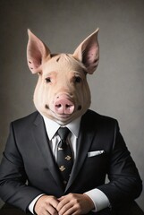 a pig in a suit, tie and a tuxedo
