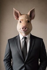 a pig in a suit, tie and a tuxedo