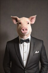 a pig in a suit, tie and a tuxedo