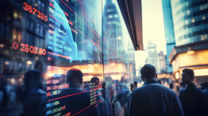 Blurred scene of people in a city looking at a digital stock market display, indicating real-time trading data with glowing numerical values.