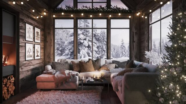 New Year's interior decorations. Cozy sofa by the fireplace. Winter forest outside the window. Christmas mood in living room with fireplace. 3d animation