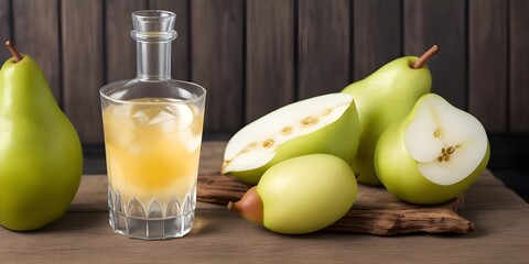 CHOPIN VODKA, PEAR PUREE, PEAR LIQUOR on the wooden table with black background with copy space